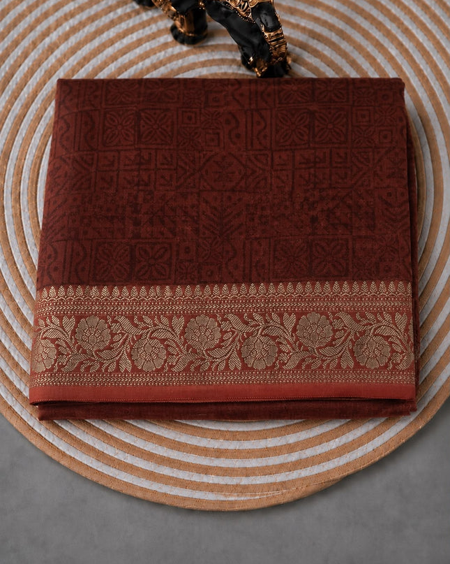 Maheshwari Silk With Shikargah  Print and Antic Zari Border  -  Brown