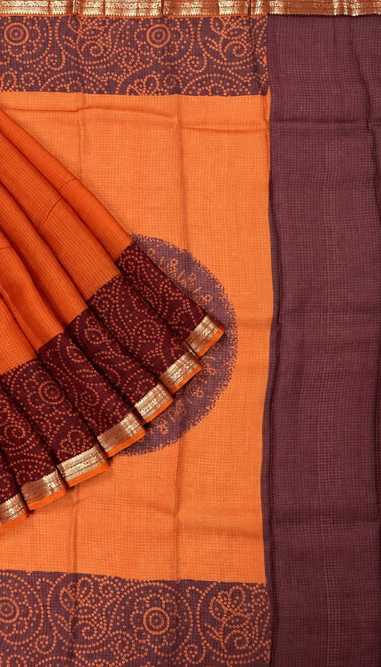Pure Silk Kota Saree With Bhandni Print and Small Kanchi Border - Orange