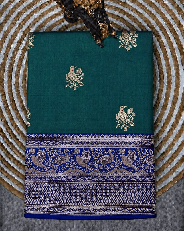 Kathan Silk Saree With All over Golden  Peacock Buttes and Golden Zari Weaving Border - Peacock Blue