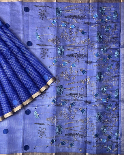 Pure Orznga  Saree With Allover Golden Checks and Thread work  Buttes and Small Golden Border- Royal Blue