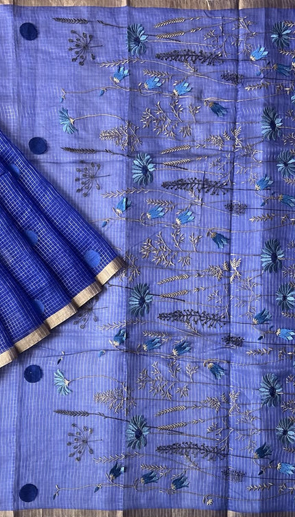 Pure Orznga  Saree With Allover Golden Checks and Thread work  Buttes and Small Golden Border- Royal Blue