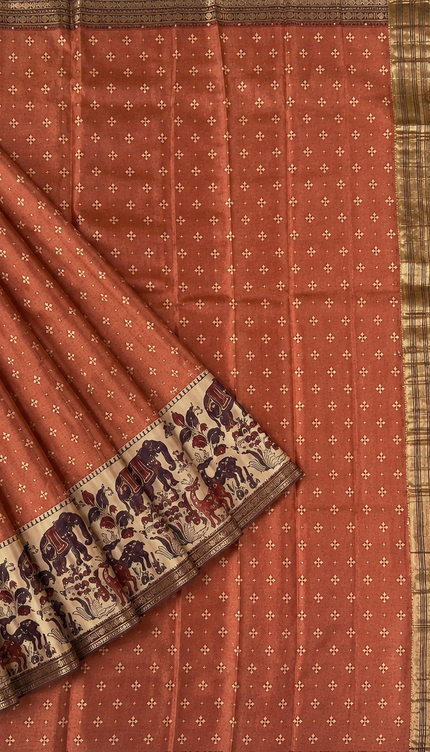 Munga Silk Saree With Floral Print and Kalmkari Border - Light  Rust