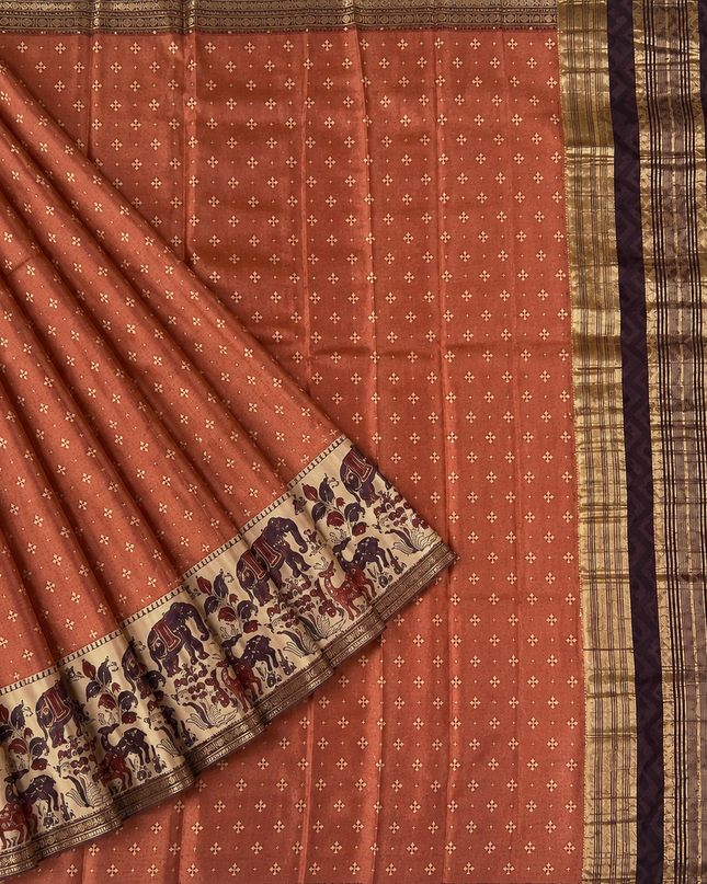 Munga Silk Saree With Floral Print and Kalmkari Border - Light  Rust