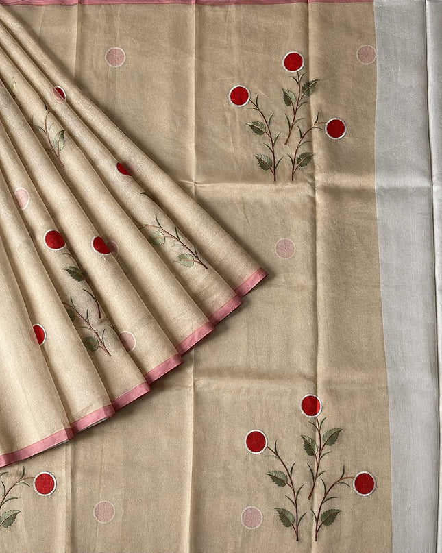 Pure Tissue Saree  with Embroidery Work and  piping border - Gold &PInk
