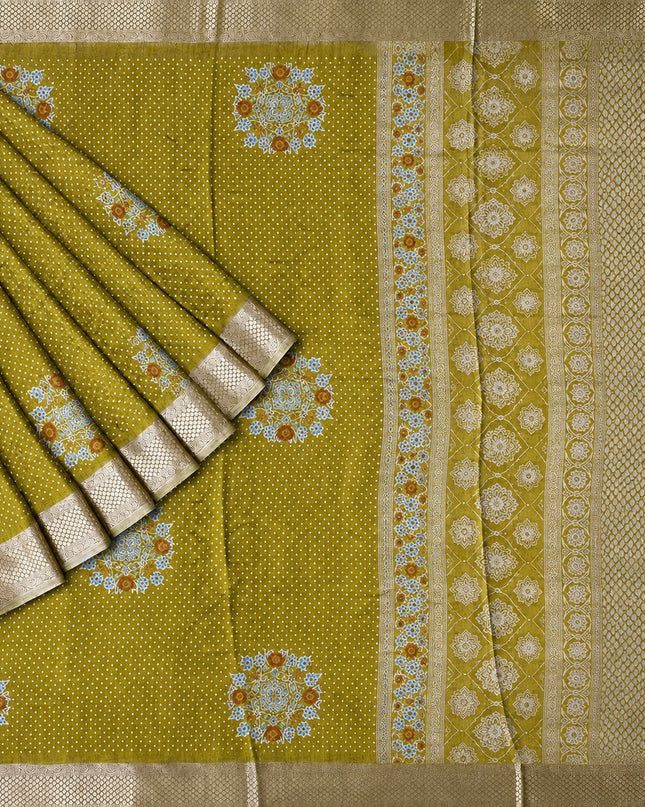 Tusser Silk Saree With Bhandni Print and Golden Border -  Musatard