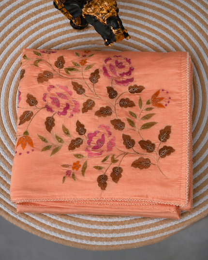 Mul  chanderi saree with  Foral Print and  Ari Work Pearl Border - Peach