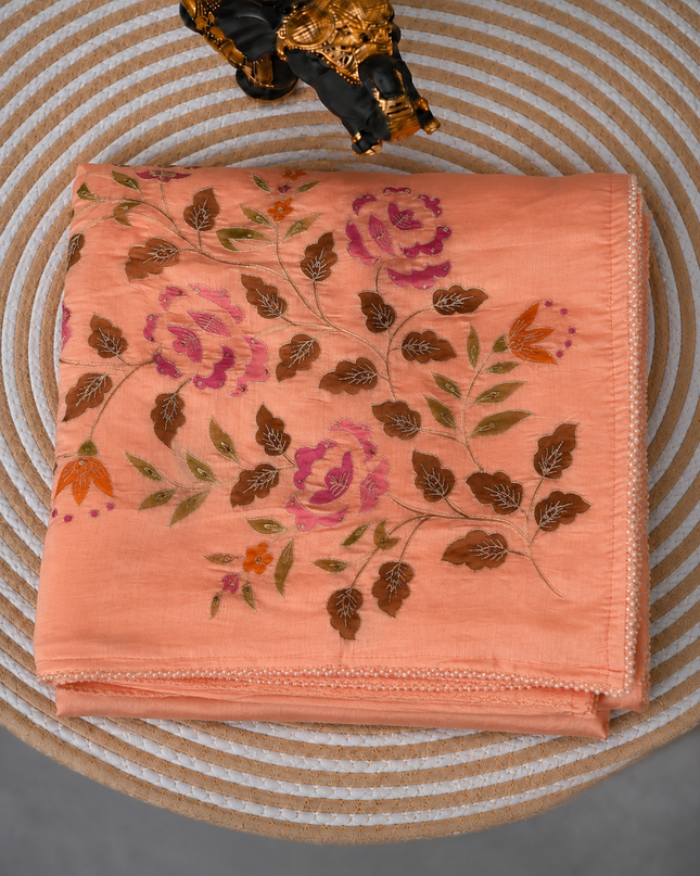Mul  chanderi saree with  Foral Print and  Ari Work Pearl Border - Peach