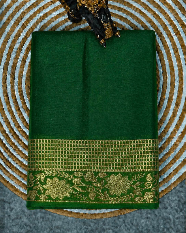 Crepe Saree with Gold Zari  Weaving Border  - Bottle Green