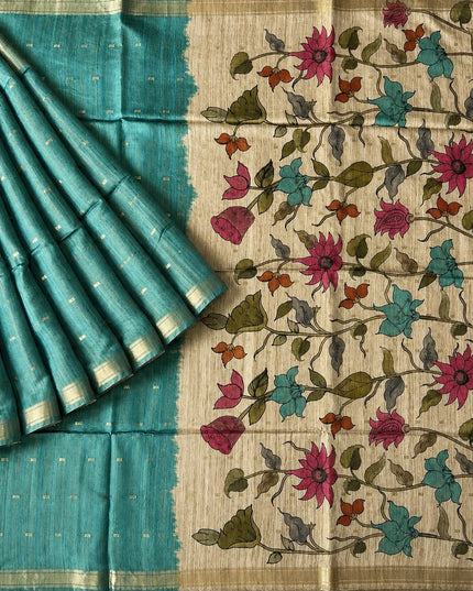 Tusser Saree With Floral Print  and small gold Buttes with and Golden Border  - Sea Green