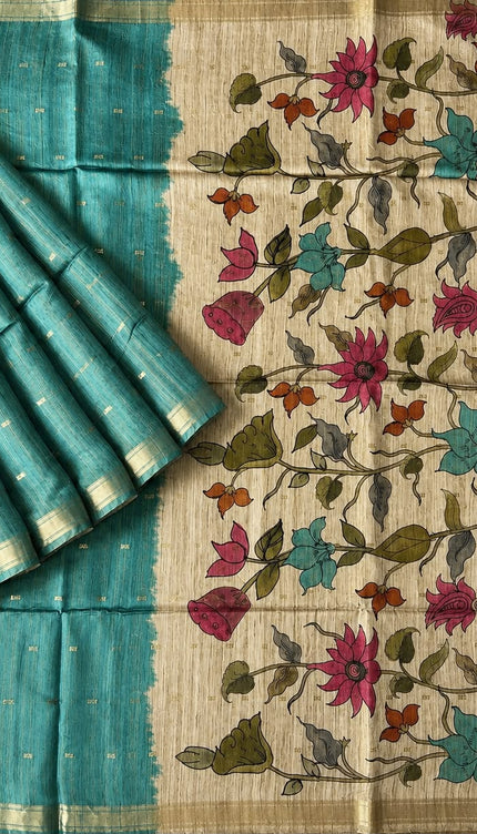 Tusser Saree With Floral Print  and small gold Buttes with and Golden Border  - Sea Green