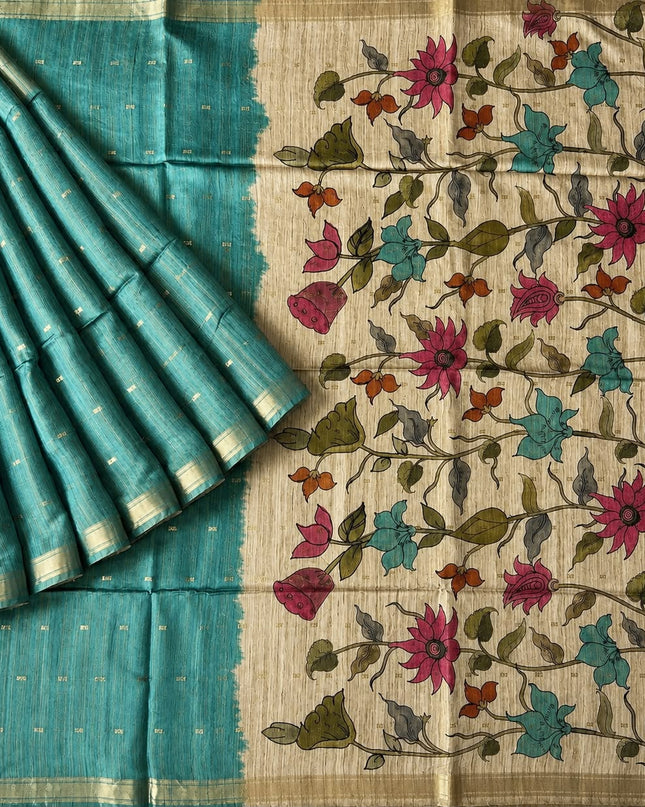 Tusser Saree With Floral Print  and small gold Buttes with and Golden Border  - Sea Green