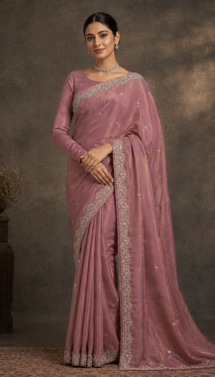 Tissue Saree With Kardhana Sequence Work and Scallop Border- Light Pink