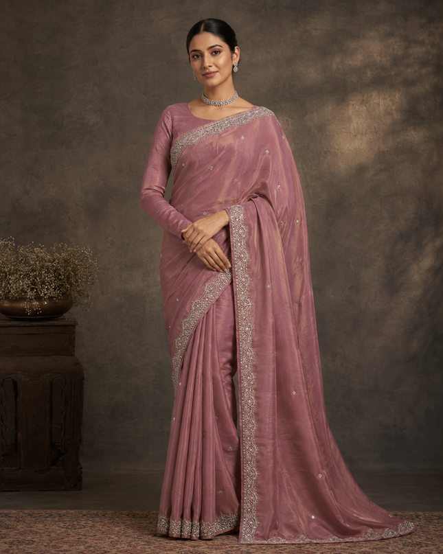 Tissue Saree With Kardhana Sequence Work and Scallop Border- Light Pink