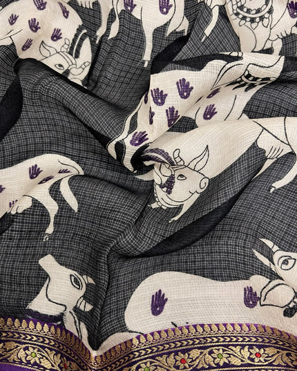 Pure Silk Kota Saree With Kalamkari Print and Small Gold Border - Violet