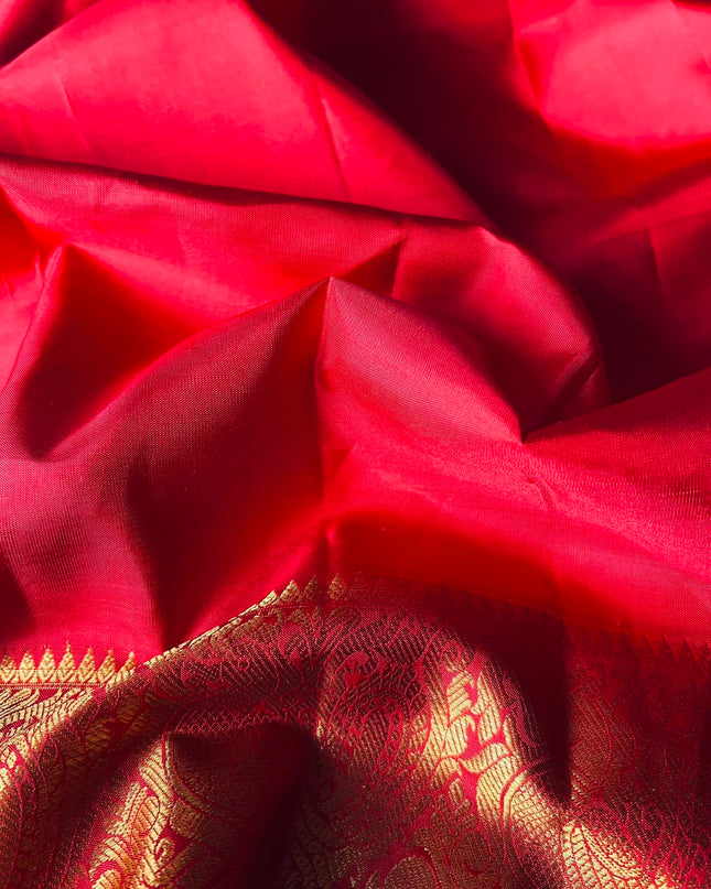 Pure Kanchi Pattu Saree With Allover Checks Design With Silver and Gold Motifs and Golden Border - Red