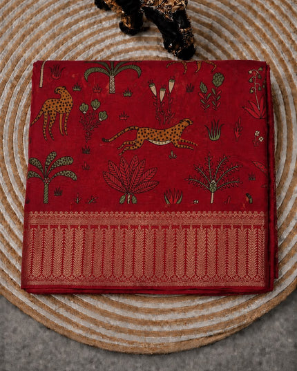 Maheshwari Silk With Shikargah  Print and Antic Zari Border  - Maroon