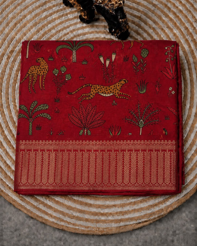 Maheshwari Silk With Shikargah  Print and Antic Zari Border  - Maroon