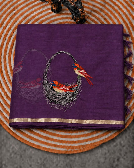 Mul Chanderi saree with thread embroidery Work and Small Border -Purple