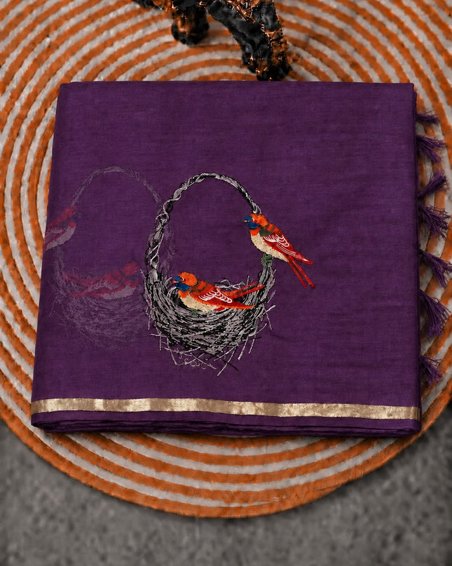Mul Chanderi saree with thread embroidery Work and Small Border -Purple