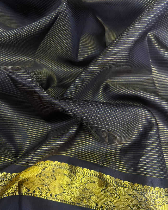 Pure Kanchi Pattu Saree With Allover  Golden Zari Checks and Multi Stripes Design and Gap  Border - Maroon