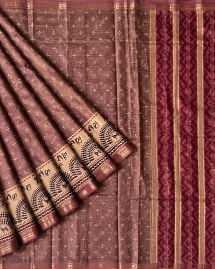 Munga Silk Saree With Floral Print and Kalmkari Border - purple