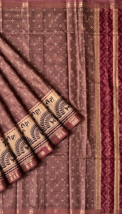 Munga Silk Saree With Floral Print and Kalmkari Border - purple