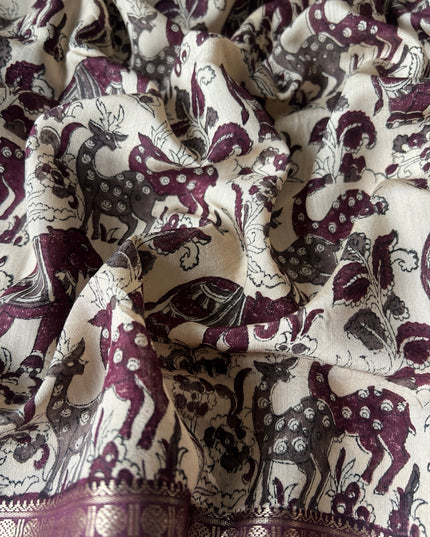 Munga Silk Saree With Floral Print and Kalmkari Border - Light  grey