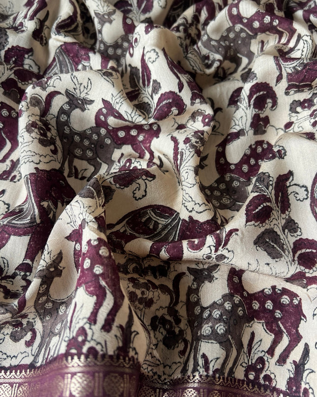 Munga Silk Saree With Floral Print and Kalmkari Border - Light  grey