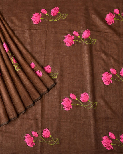 Mul cotton saree and Hand Painting with Tassels-  Brown