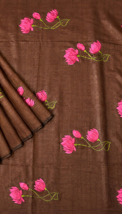 Mul cotton saree and Hand Painting with Tassels-  Brown
