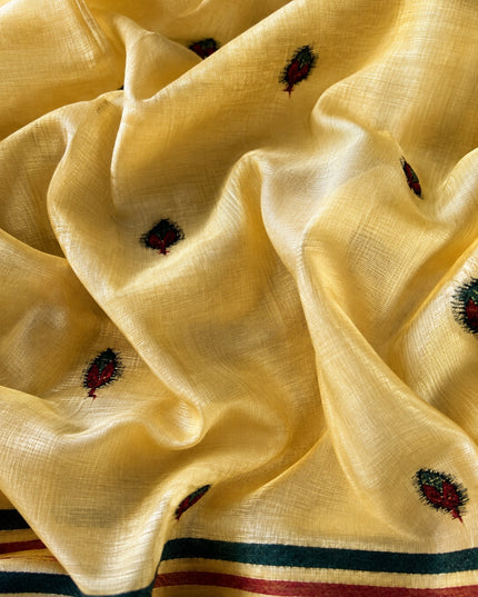 Linen Tissue Saree with Multi Stripes and Pichwai Border -Light Yellow