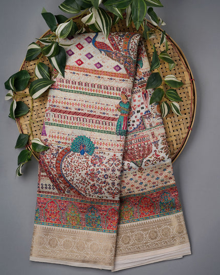 Semi Tusser Silk With Pashmina Print With Kanchi Border - Cream