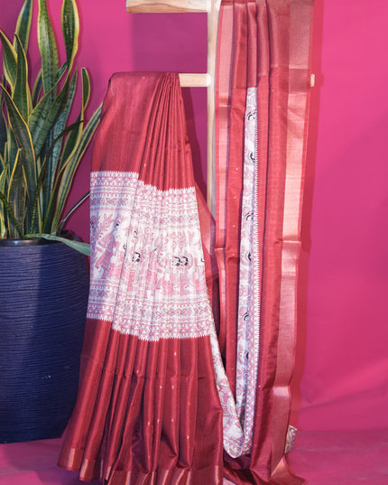 Tussar silk saree with madhubani print zari border - Maroon