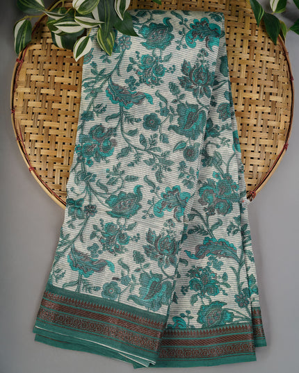 Chanderi Silk Allover Print With Antique Zari Border - Green