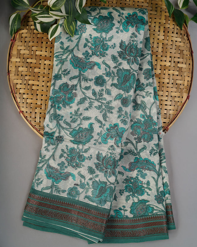 Chanderi Silk Allover Print With Antique Zari Border - Green
