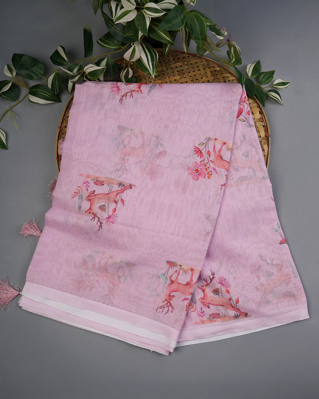 Linen Silk With Printed Butties - Pink