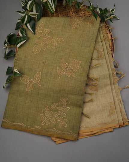 Tissue Lenin Saree with Applique Work- Pista Green