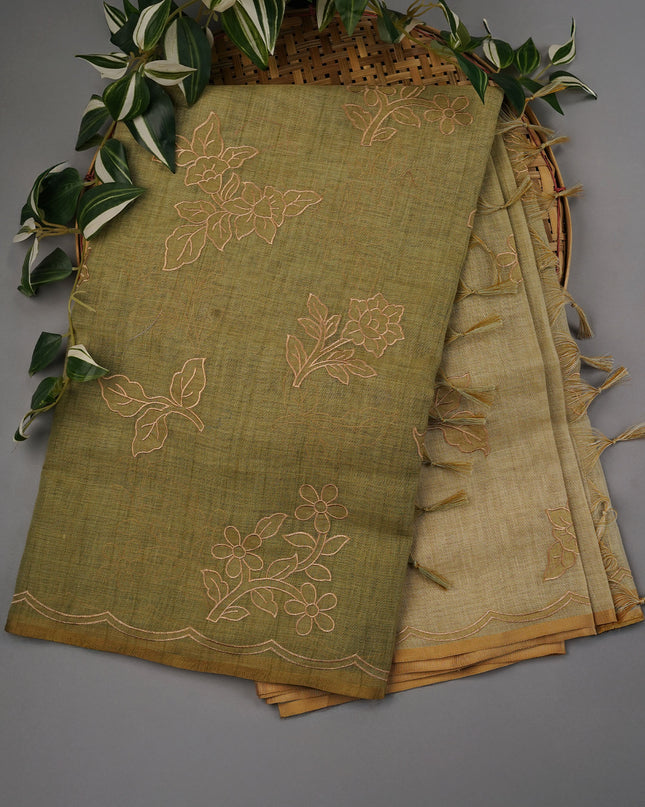 Tissue Lenin Saree with Applique Work- Pista Green
