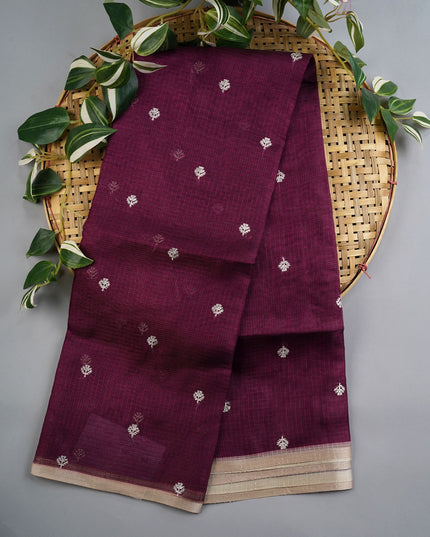 Silk Kota Saree With Allover Silver Zari Butties And Gold Border - Wine