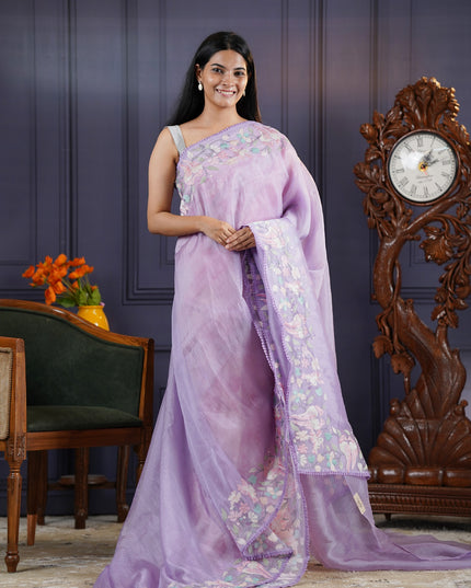 Soft Tissue Organza Silk with Multicolor Thread Embroidery Border -Purple