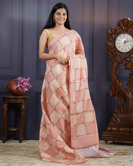 Kota Silk Saree with Floral Print and Knot Work- Peach