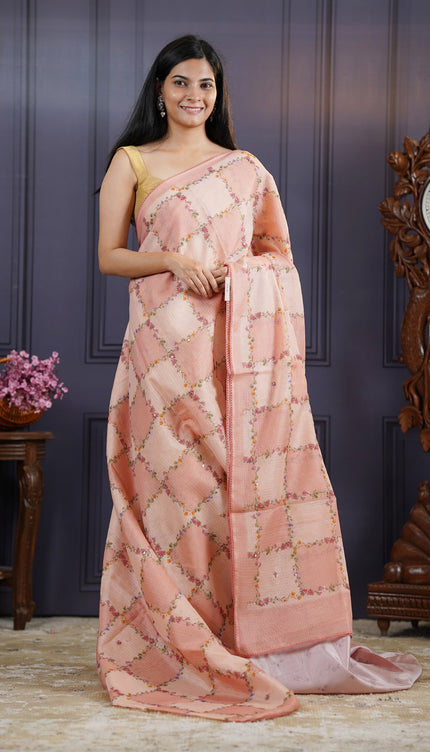 Kota Silk Saree with Floral Print and Knot Work- Peach