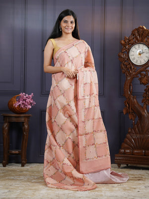 Kota Silk Saree with Floral Print and Knot Work- Peach