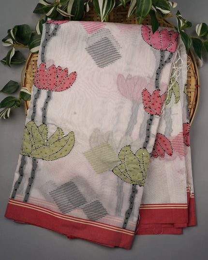 Linen Silk with Knot work and Contrast Border- Half White