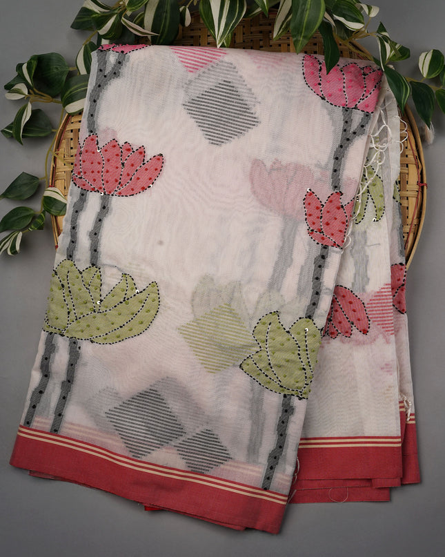 Linen Silk with Knot work and Contrast Border- Half White