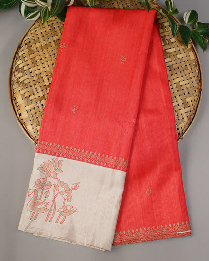 Semi Tusser Silk with Printed Contrast Border - Red