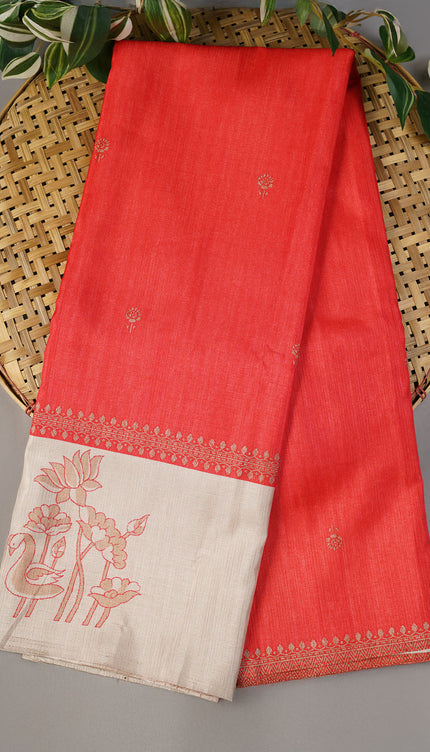 Semi Tusser Silk with Printed Contrast Border - Red