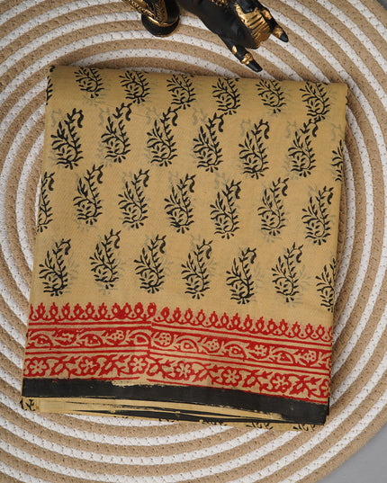 Mul Cotton Saree with  Block Printed and conratst border - Beige Sand
