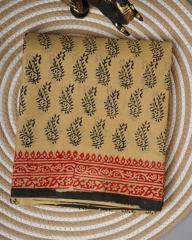 Mul Cotton Saree with  Block Printed and conratst border - Beige Sand