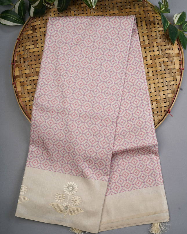 Semi Tusser Silk Saree With Contrast Border And Thread Embroidery Butties -  Beige Pink